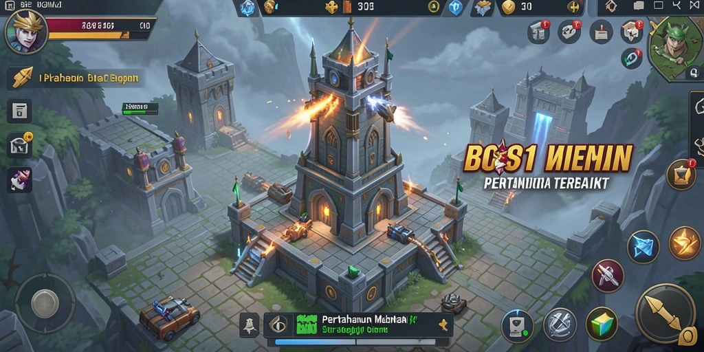 Tampilan gameplay BOS01 yang menegangkan saat mempertahankan menara.