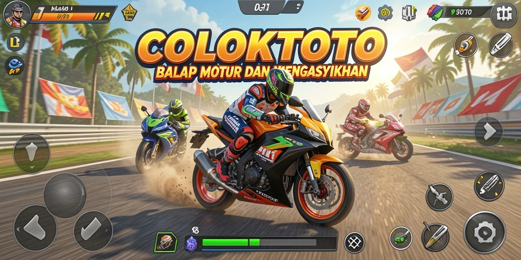 Screenshot utama COLOKTOTO menunjukkan balapan motor yang cepat dan seru.