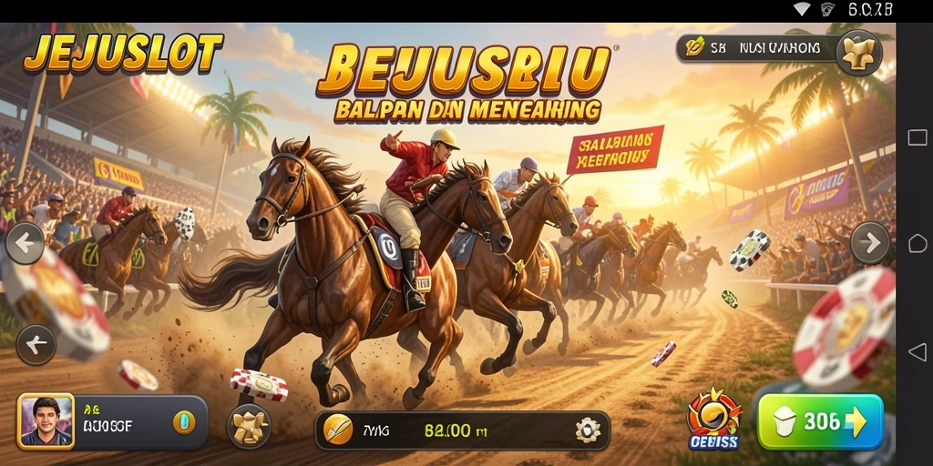 Tangkapan layar gameplay JEJUSLOT yang menunjukkan balapan yang menegangkan.