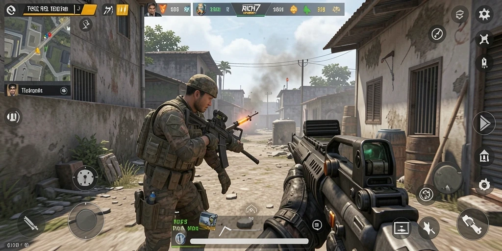 Screenshot gameplay RICH7 menunjukkan pertempuran TPS yang epik.