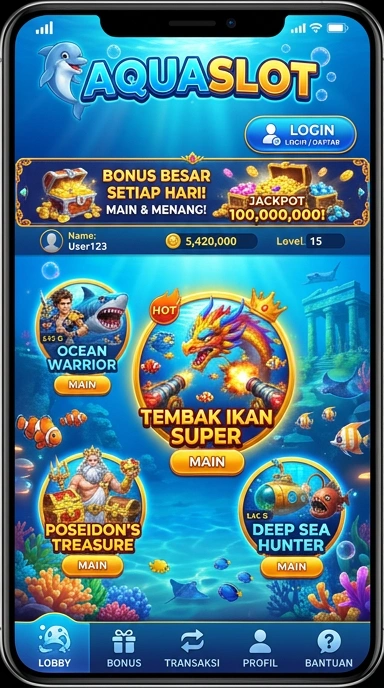 Tampilan aplikasi aquaslot dengan beragam kategori.